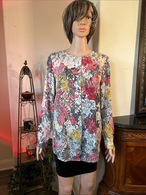 Liz Claiborne Multicolor Floral Lace-Print Long Sleeve Top